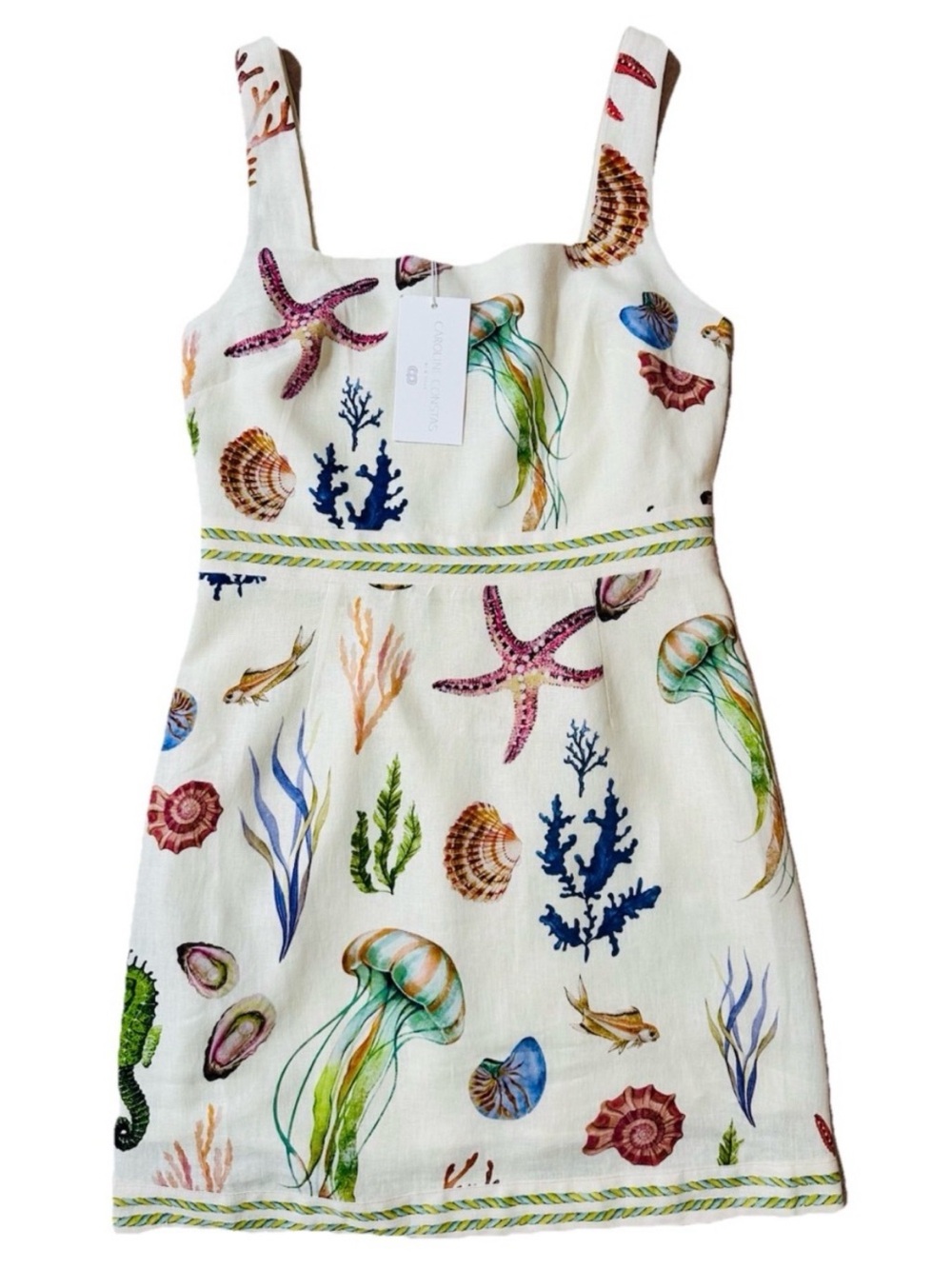 Caroline Constas White Mini Dress with Multicolor Sea Life Print